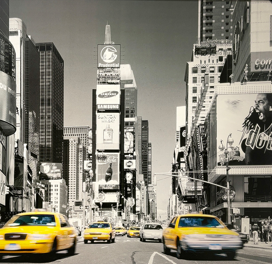 Black-and-white photo of Times Square in New York City