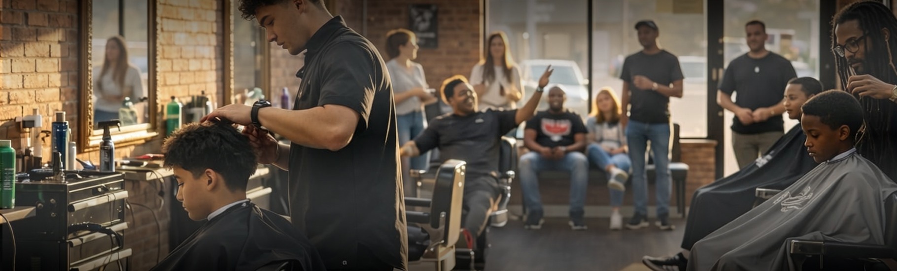 Barbers and clients in a lively barbershop